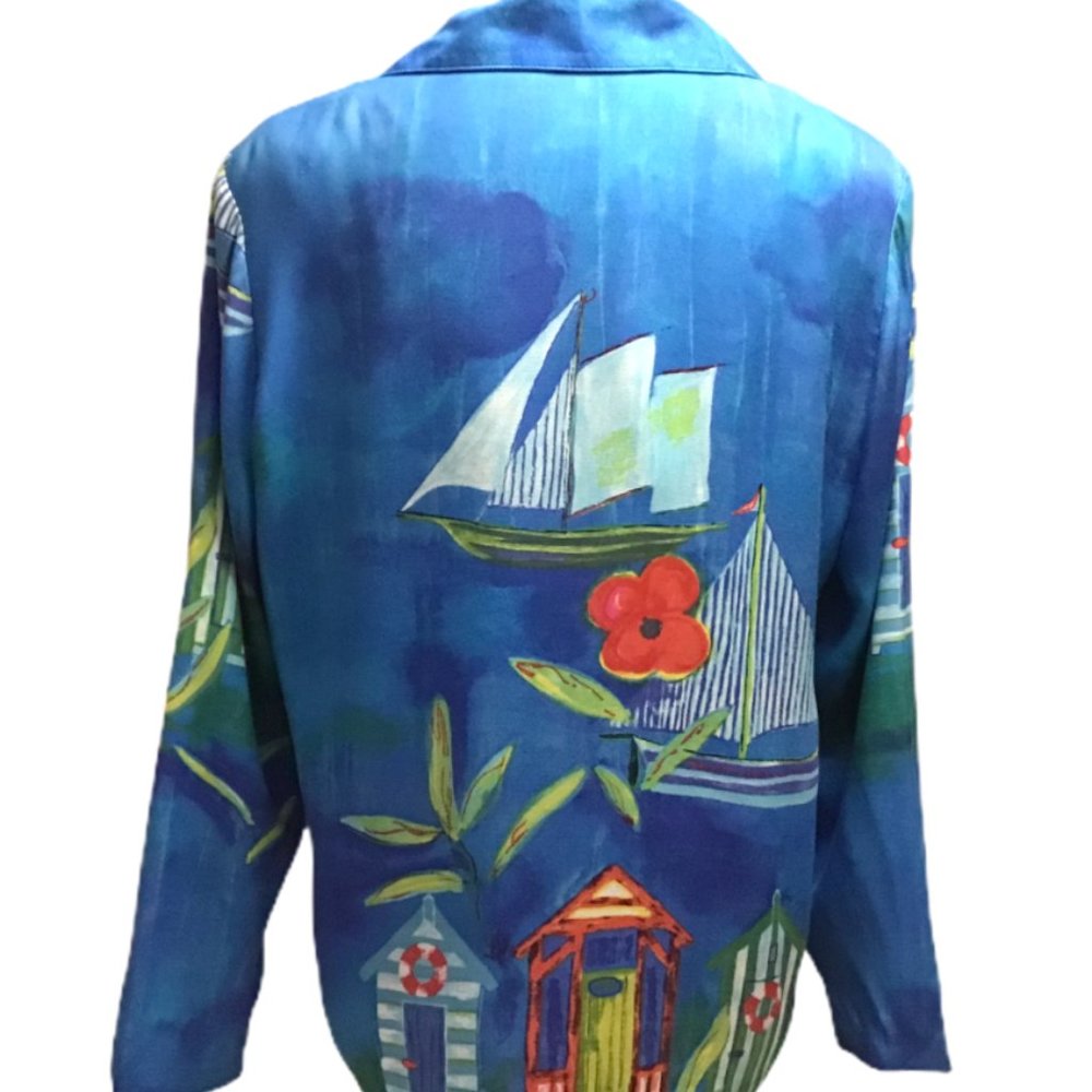 Vintage 80s Womens Size S Tropical Sailboats Jacket Blazer Costal Grandma